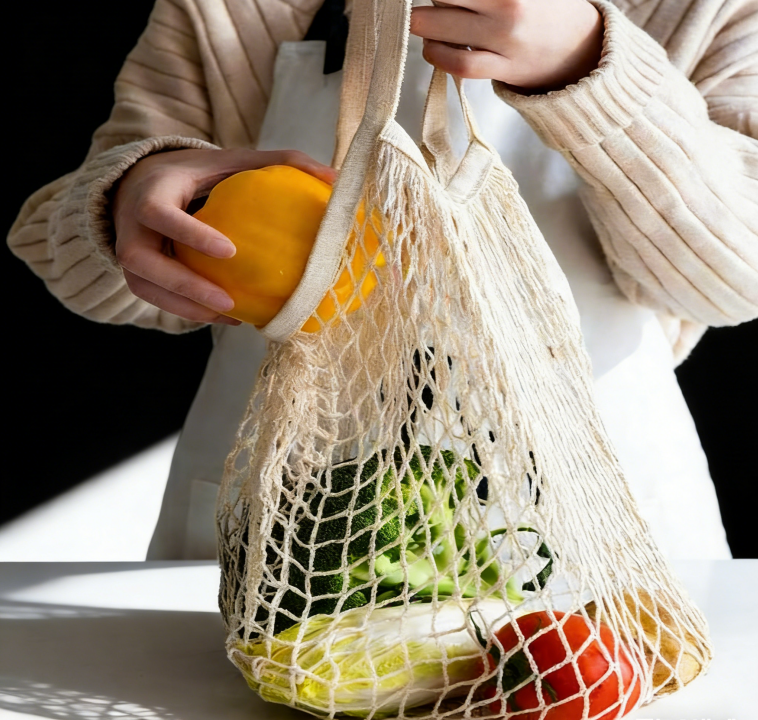 Multifunctional Fruit and Vegetable Mesh Bag Set of Four, Portable Long Handle Design, Organic Cotton Material, Multi-color Combination - Image 3