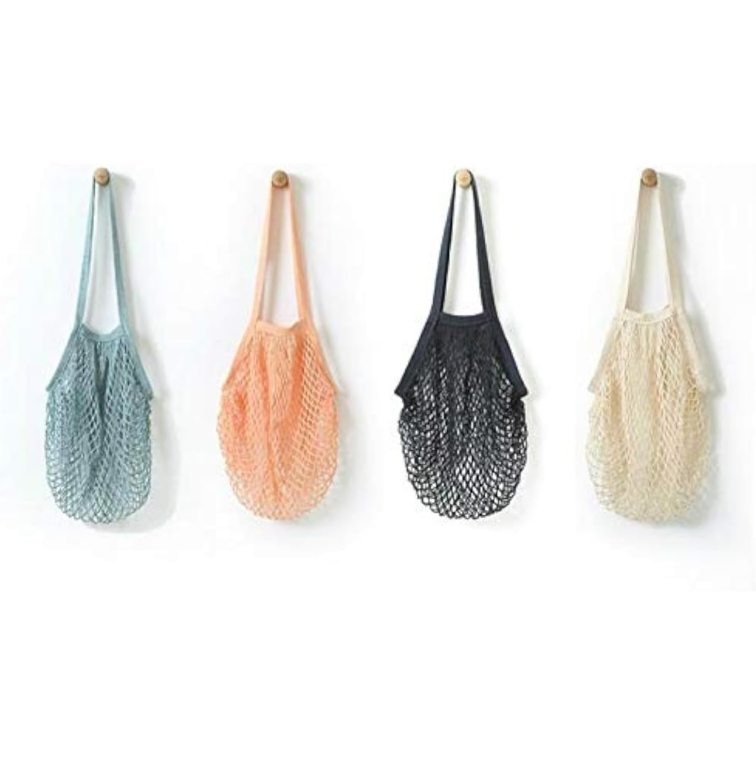 Multifunctional Fruit and Vegetable Mesh Bag Set of Four, Portable Long Handle Design, Organic Cotton Material, Multi-color Combination