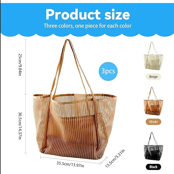 Travel Folding Mesh Bag Set of Three, Built-in Hidden Pocket Design, Lightweight and Essential for Pool and Vacation - Image 2