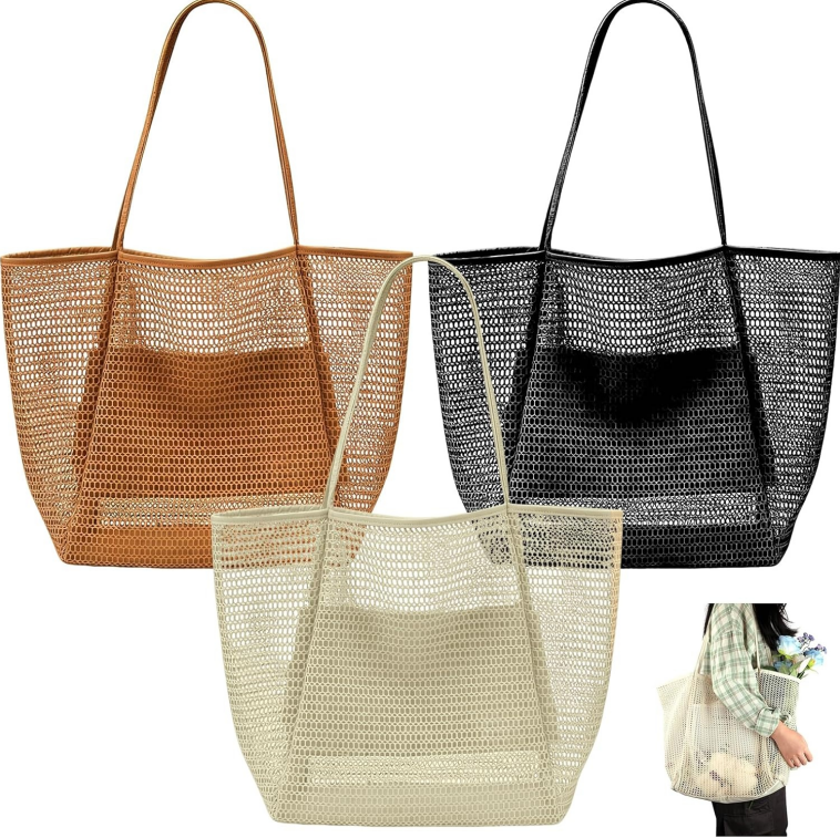 Travel Folding Mesh Bag Set of Three, Built-in Hidden Pocket Design, Lightweight and Essential for Pool and Vacation