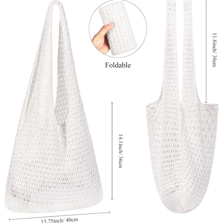 Crocheted Hollow Mesh Tote Bag, Casual Foldable Travel Bag - Image 2