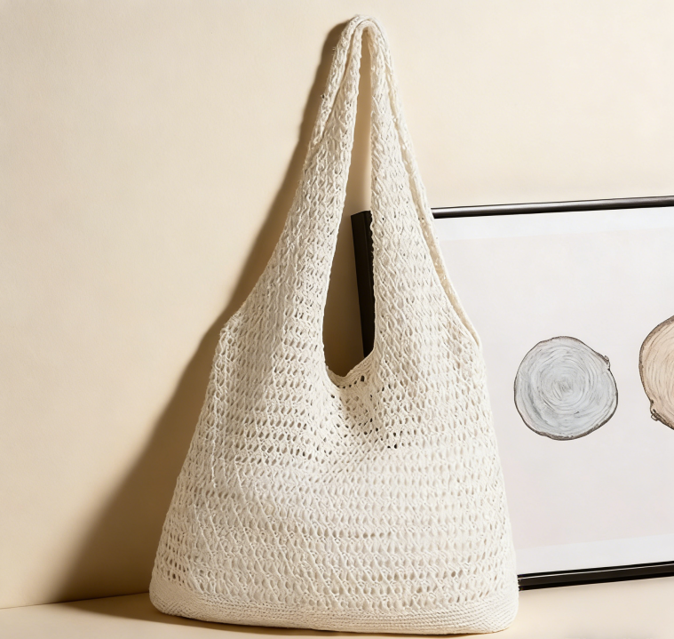 Crocheted Hollow Mesh Tote Bag, Casual Foldable Travel Bag - Image 3