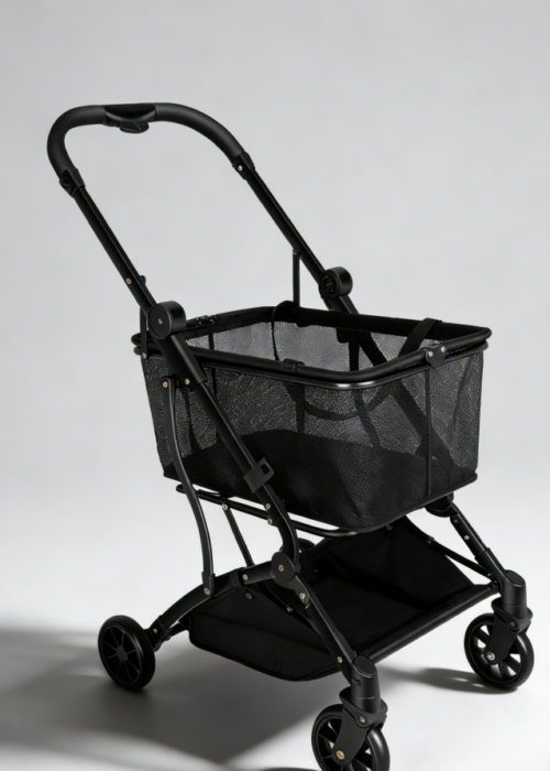 Foldable shopping cart with a 60-pound weight capacity, featuring a stylish, detachable shopping bag, smooth-rolling swivel wheels, and one-handed folding and braking.