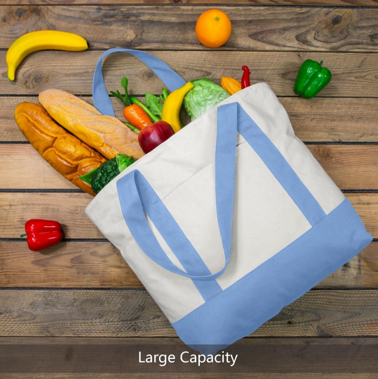 Single Outer Pocket Canvas Shopping Bag, Top Zipper Design, Suitable for Daily Commuting and Shopping (Light Blue/Natural Color) - Image 2