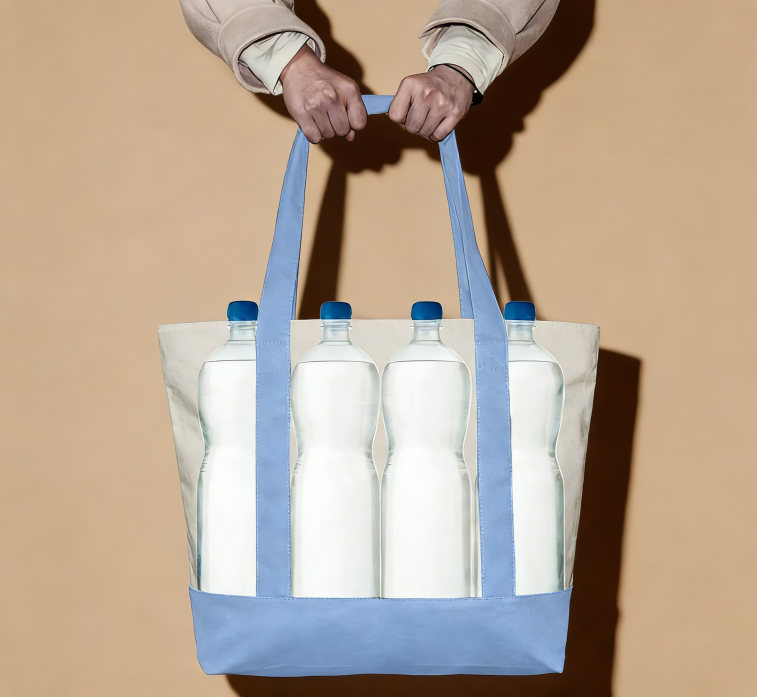 Single Outer Pocket Canvas Shopping Bag, Top Zipper Design, Suitable for Daily Commuting and Shopping (Light Blue/Natural Color) - Image 3