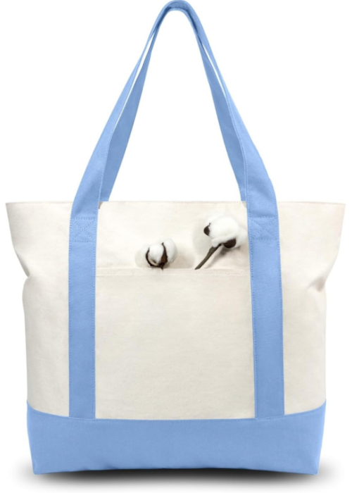 Single Outer Pocket Canvas Shopping Bag, Top Zipper Design, Suitable for Daily Commuting and Shopping (Light Blue/Natural Color)