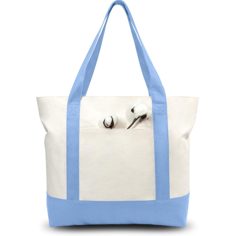 Single Outer Pocket Canvas Shopping Bag, Top Zipper Design, Suitable for Daily Commuting and Shopping (Light Blue/Natural Color)