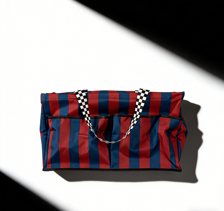 Red and Blue Striped Multi-functional Storage Shopping Bag, Side Pocket Design, Suitable for Daily Classified Organization - Image 3