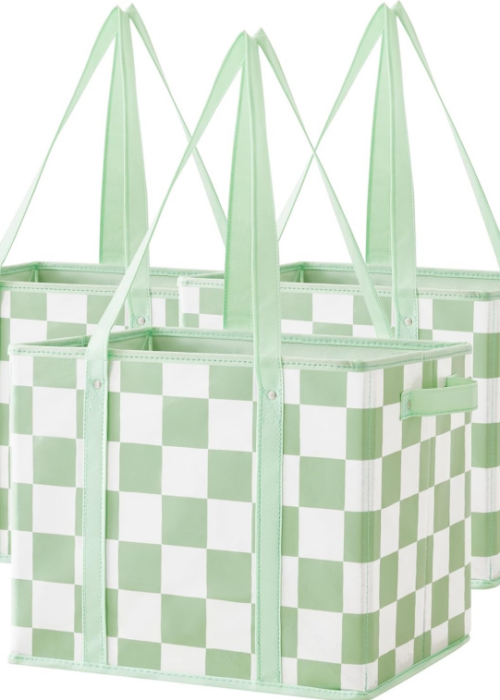 Pack of three checkered, thickened shopping bags, foldable and with handles, suitable for supermarket shopping