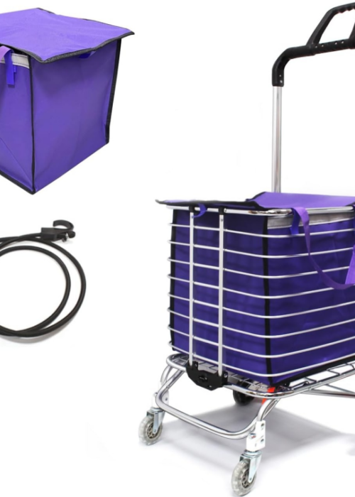 Lightweight foldable stair-climbing shopping cart with a 60-liter capacity, including a waterproof liner bag and elastic securing straps.