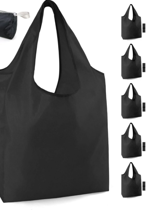 Pack of ten black foldable shopping bags with storage drawstring bag, 50lb weight capacity, waterproof and thickened
