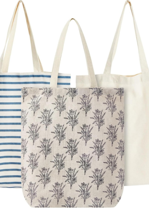 Pack of three mixed-color cotton-polyester canvas shopping bags, foldable and with handles, suitable for market shopping and daily carrying